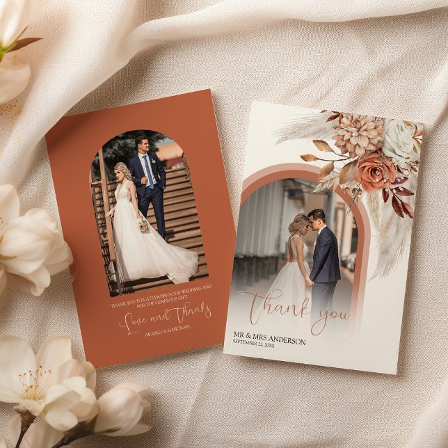 Tarjeta De Agradecimiento Naranja Quemada Boho Floral & Pampas. Foto Gracias (Subido por el creador)