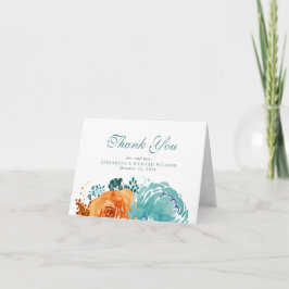 Tarjeta De Agradecimiento Naranja Quemada Turquesa Floral Otoño Gracias