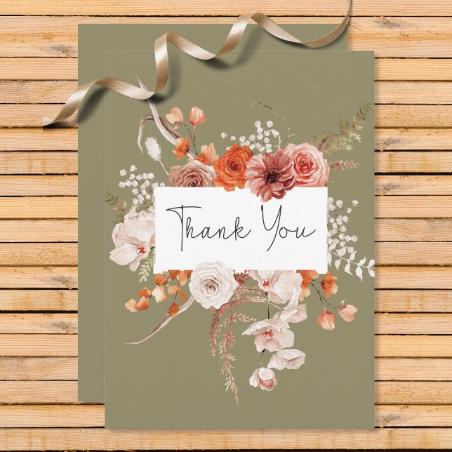 Tarjeta De Agradecimiento Naranja Quemado Boho Arco Floral Monograma Sage (Subido por el creador)