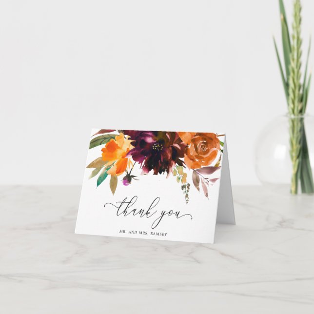 Tarjeta De Agradecimiento Naranja quemado Burgundy Cae Boda Rústico Floral (Anverso)