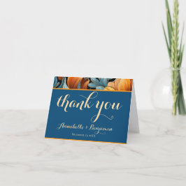 Tarjeta De Agradecimiento Naranja quemado moderno y Boda floral azul