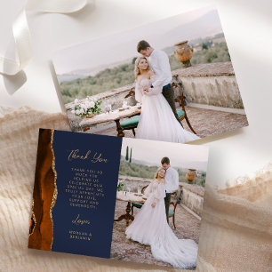 Tarjeta De Agradecimiento Naranja quemado por la foto Agate Navy Gold Script