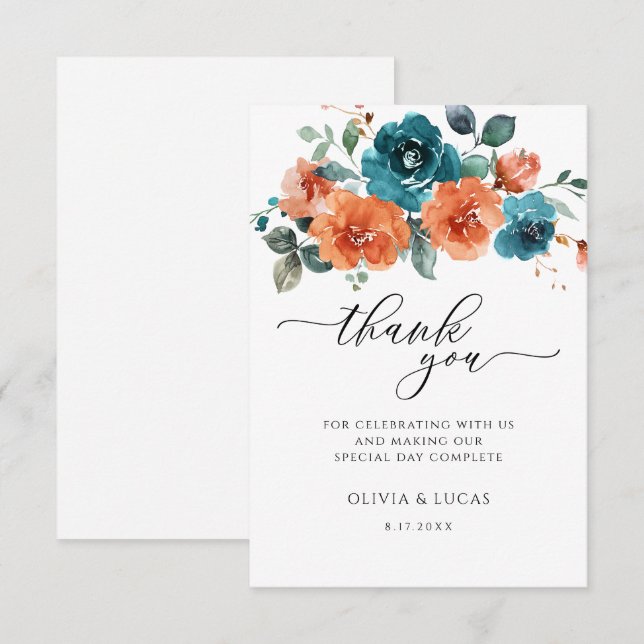Tarjeta De Agradecimiento Naranja quemado verde azulado acuarela Boda floral (Anverso / Reverso)