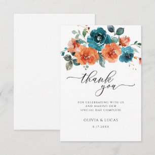 Tarjeta De Agradecimiento Naranja quemado verde azulado acuarela Boda floral