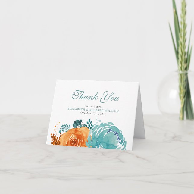 Tarjeta De Agradecimiento Naranja quemado verde azulado Fall Floral Gracias (Anverso)