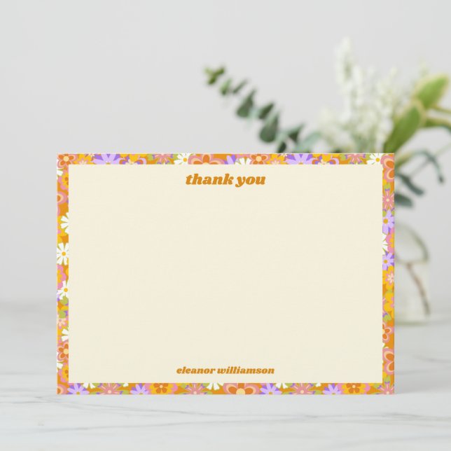 Tarjeta De Agradecimiento Naranja Retro Púrpura Floral Ducha Nupcial Persona (Anverso de pie)
