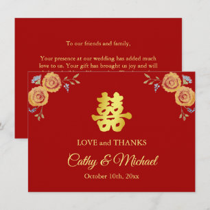 Tarjeta De Agradecimiento Naranja rojo floral boda china doble felicidad
