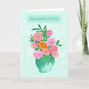 Tarjeta De Agradecimiento Naranja rosa acuarela y Verde azulado de flores de