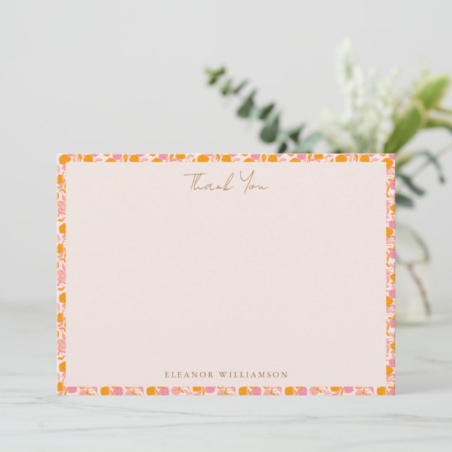 Tarjeta De Agradecimiento Naranja Rosa Boho Personalizado de Baby Shower con (Anverso de pie)