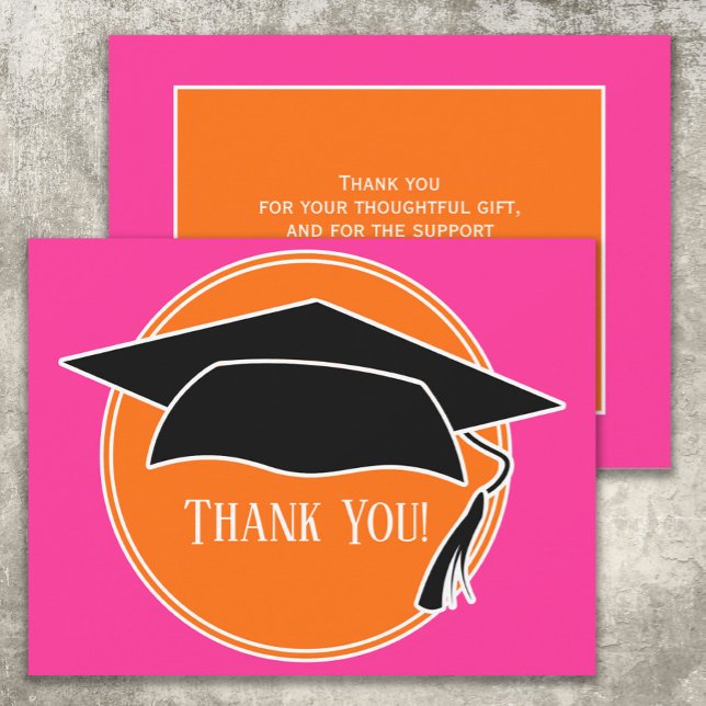 Tarjeta De Agradecimiento Naranja Rosa Graduación Cap Gracias (Pink and orange graduation cap "thank you" card)