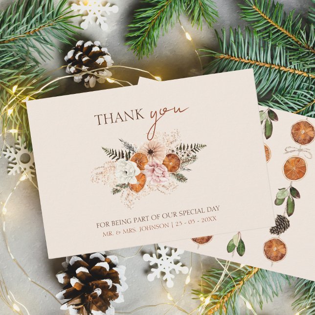 Tarjeta De Agradecimiento Naranja Rústico Corta Boda de flores blancas (Winter Orange Slices Dried Citrus Cinnamon Wedding Thank You Card)