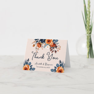 Tarjeta De Agradecimiento Naranja Rústico Quemado y Boda Azul