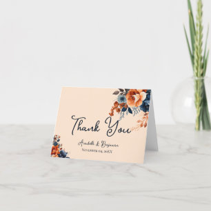 Tarjeta De Agradecimiento Naranja Rústico Quemado y Boda Azul