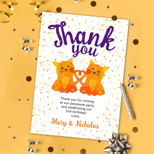 Tarjeta De Agradecimiento Naranja Twin Kitten Confetti Fiesta Gracias (Subido por el creador)
