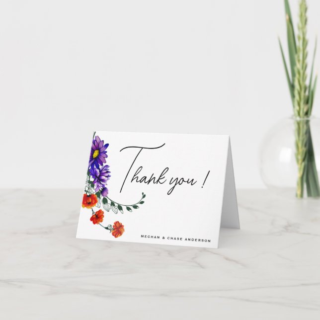 Tarjeta De Agradecimiento Naranja vibrante acuarela y flores silvestres mora (Anverso)