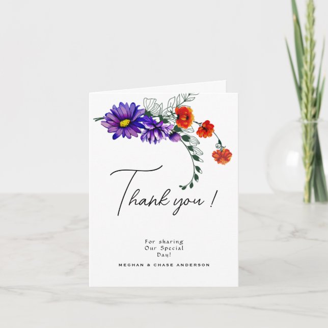 Tarjeta De Agradecimiento Naranja vibrante acuarela y flores silvestres mora (Anverso)