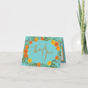Tarjeta De Agradecimiento Naranja y Aqua Boda Floral Moderna