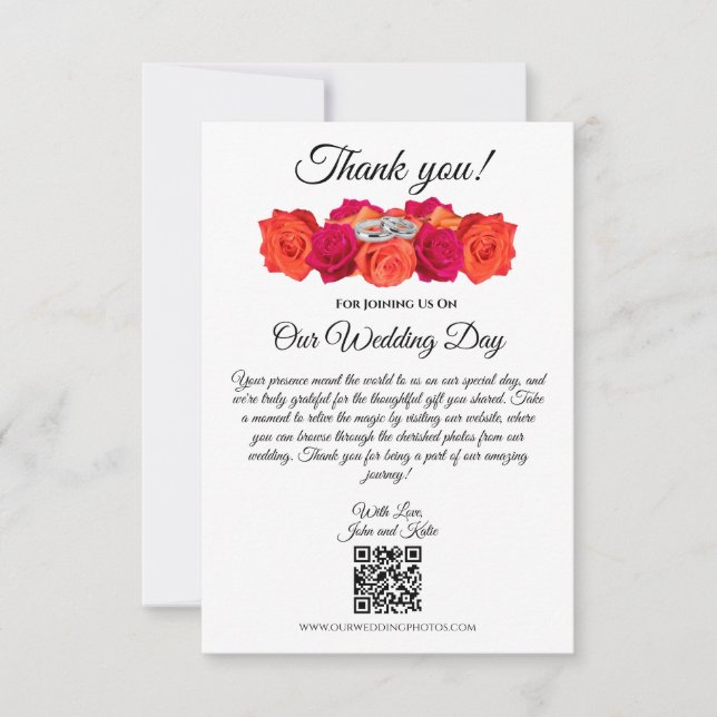 Tarjeta De Agradecimiento Naranja y Boda de flores rosadas- (Anverso)