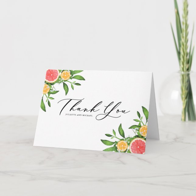 Tarjeta De Agradecimiento Naranjas acuarelas y Bouquet de pomelo (Anverso)