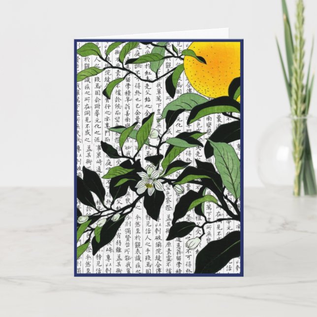Tarjeta De Agradecimiento Naranjas asiáticos florecen en el fondo kanji (Anverso)