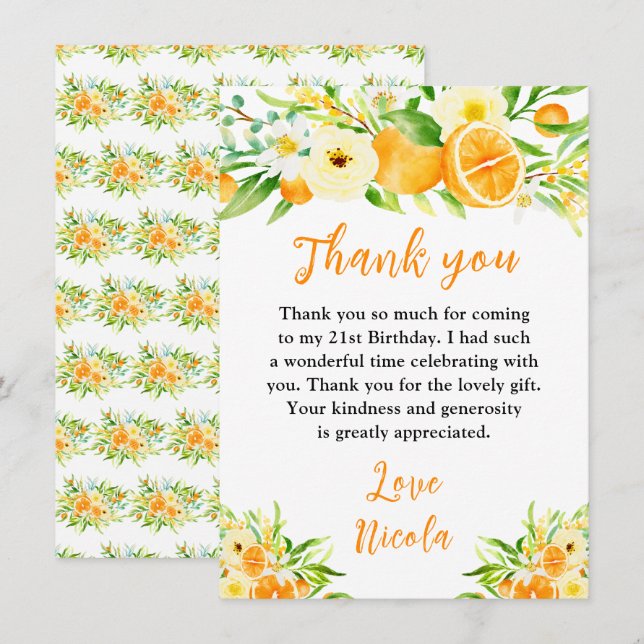 Tarjeta De Agradecimiento Naranjas Cumpleaños Citrus (Anverso / Reverso)
