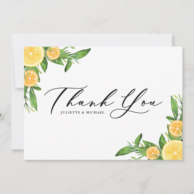 Tarjeta De Agradecimiento Naranjas de acuarela y Boda de verano de lemones (Anverso)