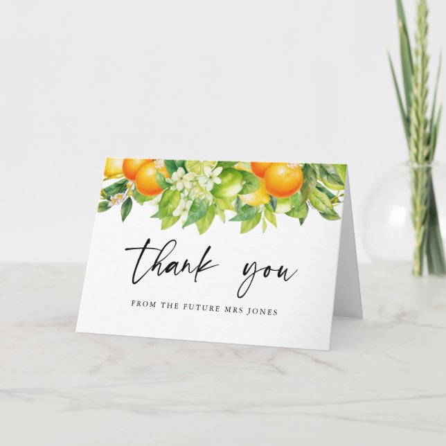 Tarjeta De Agradecimiento Naranjas de verano modernos ducha de novia con cít (Anverso)