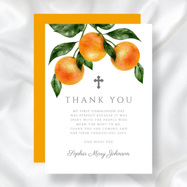 Tarjeta De Agradecimiento Naranjas Elegantes Primera Comunión Santa (Elegant Oranges First Holy Communion Thank You Card)