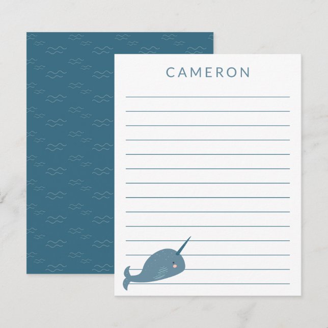 Tarjeta De Agradecimiento Narwhal lindo en niños azules y personalizados enc (Anverso / Reverso)