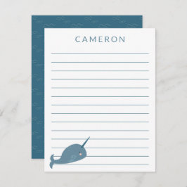 Tarjeta De Agradecimiento Narwhal lindo en niños azules y personalizados enc