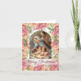 Tarjeta De Agradecimiento Natividad vintage imagen rodeada de poinsettias