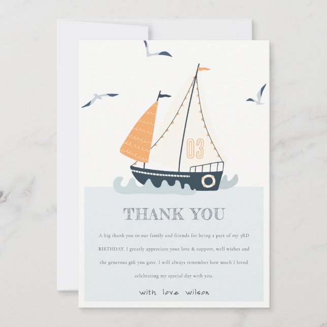 Tarjeta De Agradecimiento Náutica Náutica Azul Cute Pastel Niños Cumpleaños (Anverso)