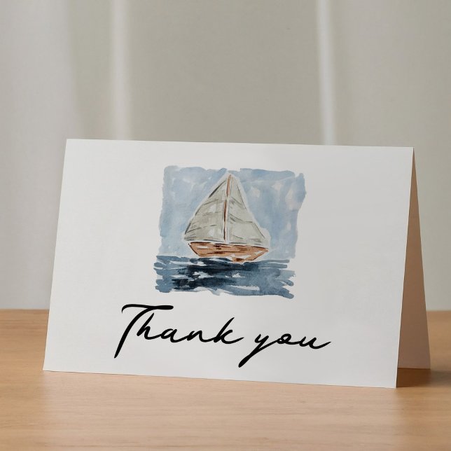 Tarjeta De Agradecimiento Náutica Náutica Navegante Baby Shower Gracias (Nautical watercolor sailboat Thank You folded greeting card.)