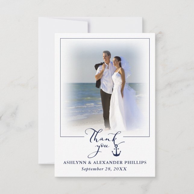 Tarjeta De Agradecimiento Nautical Anchor 2 Photo Boda Script Gracias (Anverso)
