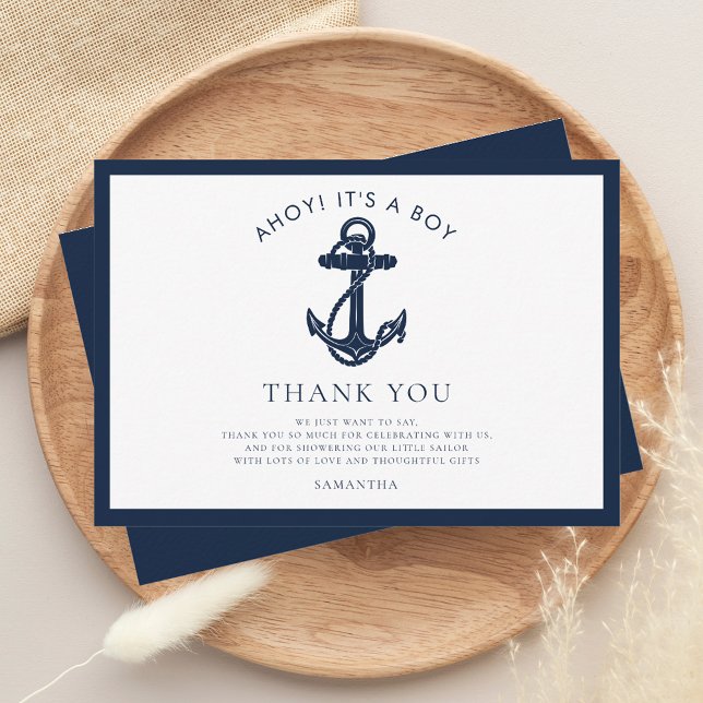 Tarjeta De Agradecimiento Nautical Anchor Boy Baby Shower (Elegant Nautical Anchor Baby Shower Thank You)