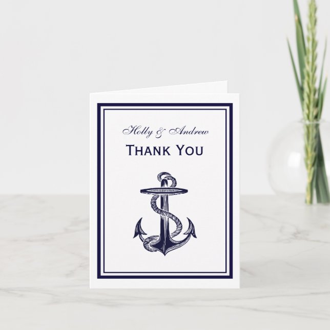 Tarjeta De Agradecimiento Nautical Anchor Naval Blue Framed 2V Gracias (Anverso)