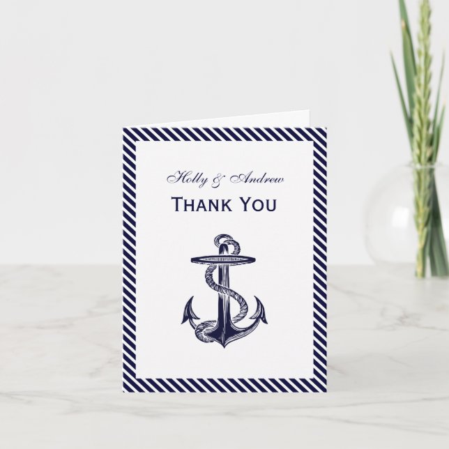 Tarjeta De Agradecimiento Nautical Anchor Navy Diag Stripe 2V Gracias (Anverso)