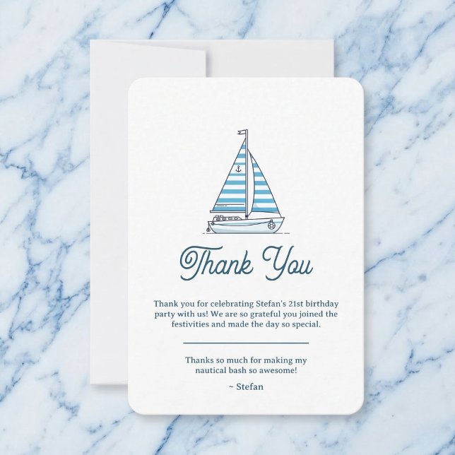Tarjeta De Agradecimiento Nautical Blue Sailboat Birthday Thank You Card (A nautical way to say thank you.)