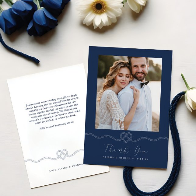Tarjeta De Agradecimiento Nautical Heart Rope Navy White Photo You (Nautical Heart Rope Navy & White Photo Thank You)