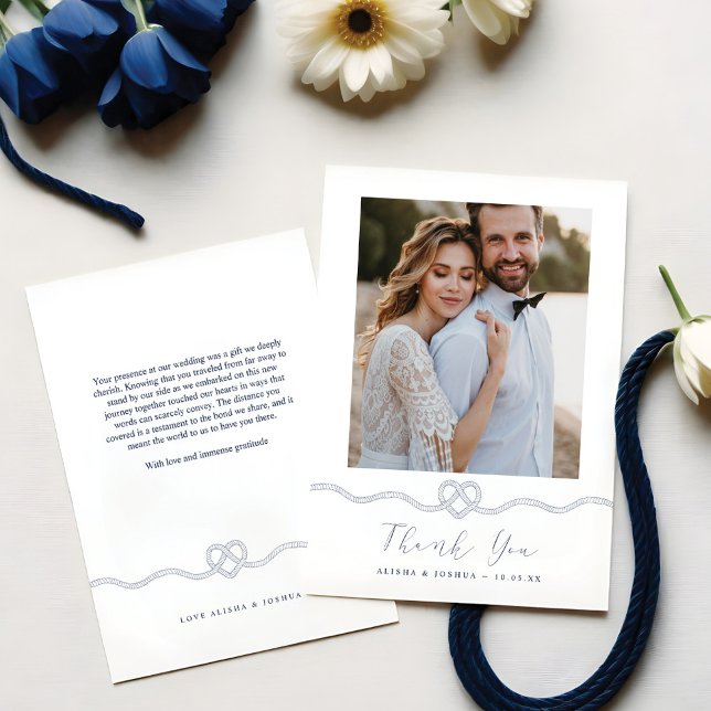 Tarjeta De Agradecimiento Nautical Heart Rope Navy White Photo You (Nautical Heart Rope Navy & White Photo Thank You)
