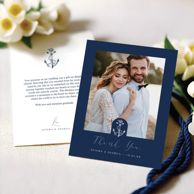 Tarjeta De Agradecimiento Nautical Naval Anchor y foto blanca Gracias (Anchor Nautical Navy & White Photo Thank You)