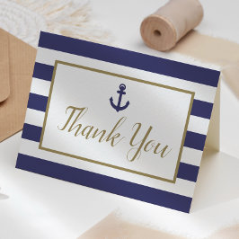Tarjeta De Agradecimiento Nautical Navy Blue Stripes Anchor Gold Script