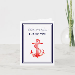 Tarjeta De Agradecimiento Nautical Red Anchor Naval enmarcada en 2V Gracias