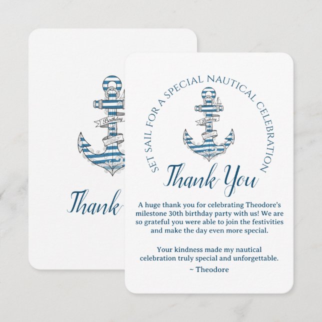 Tarjeta De Agradecimiento Nautical Striped Anchor Birthday Party  (Anverso / Reverso)