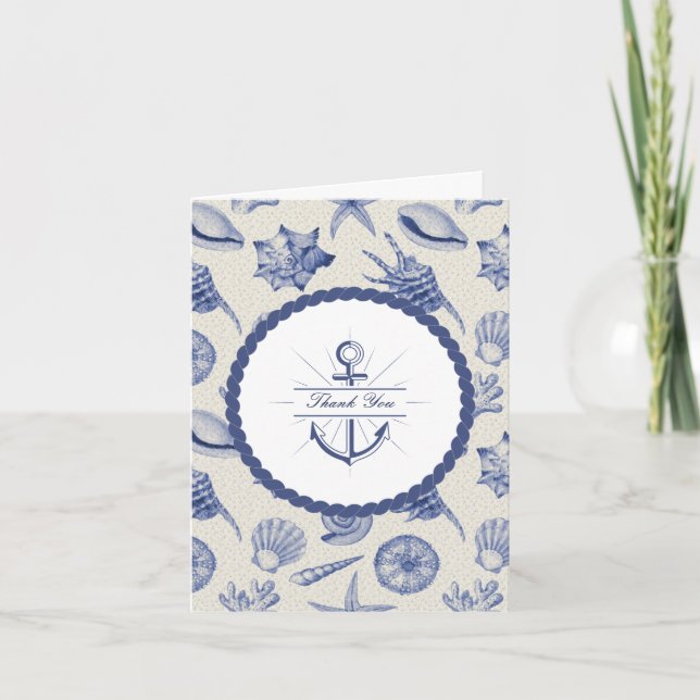 Tarjeta De Agradecimiento Nautical Themed Blue Seashell Blank (Anverso)