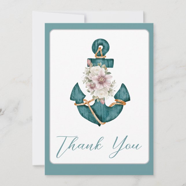 Tarjeta De Agradecimiento Náutico Verde azulado Aqua Turquoise Ancla Floral  (Anverso)