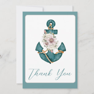 Tarjeta De Agradecimiento Náutico Verde azulado Aqua Turquoise Ancla Floral