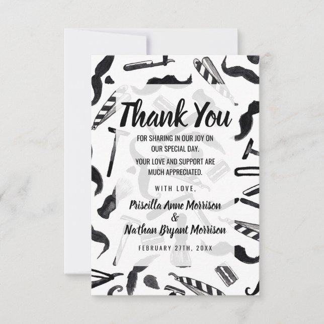 Tarjeta De Agradecimiento Navaja de afeitar bigote patrón de barbero acuarel (Anverso)