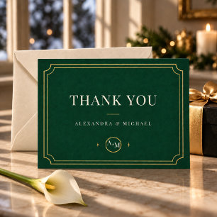 Tarjeta De Agradecimiento Navidad de etiqueta esmeralda verde y dorado Monog