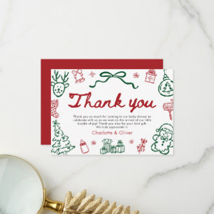 Tarjeta De Agradecimiento Navidad Invierno Rojo Verde Dibujado a Mano Modern